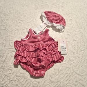 Chaps girls 0-3 months romper with matching hat red & white stripe NWT
